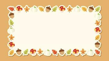 Rectangle autumn frame made of leaves, pumpkin and acorn. Modern vector illustration. Halloween, Thanksgiving fall border template.