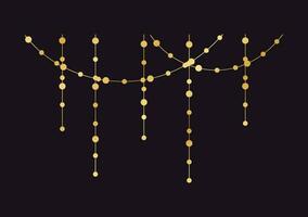 Vector horizontal border of abstract gold string light garlands. Festive decoration with shiny Christmas lights. Glowing bulbs of the different sizes.