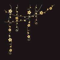 Gold vines with flowers vector illustration. Simple minimal golden floral botanical curtain design elements for spring.