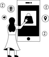 negro y blanco ilustración de mujer adquisitivo en línea bolso mediante teléfono inteligente en blanco antecedentes. vector