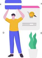 Online Shopping And Payment Concept With Faceless Man Standing And Plant Pot On White Background. vector