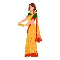 Beautiful Indian Woman Holding Plate Of Sweet Laddu On White Background. vector