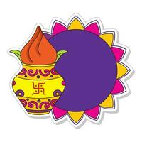 Sticker Style Traditional Pot Kalash With Empty Circular Frame On White Background. vector