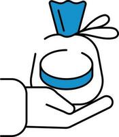 Hand Holding Money Bag Icon In Blue And White Color. vector