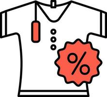 camiseta y porcentaje etiqueta icono en rojo y blanco color. vector
