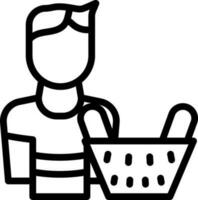 Man With Basket Icon In Black Line Art. vector