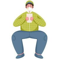 Young Man Wear Protective Mask Using Smartphone In Sit Pose. vector