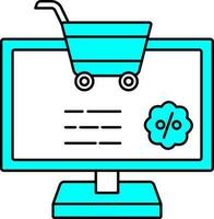 Online Shopping App In Desktop Icon In Cyan And White Color. vector