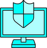 Desktop With Security Shield Icon In Cyan Color. vector