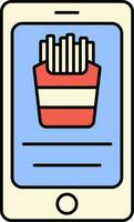 French Fries Box In Smartphone Screen For Online Food Shopping Red And Blue Icon. vector