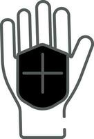 mano con médico proteger icono en negro y blanco color. vector