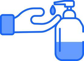 Hand With Pump Bottle Icon In Blue And White Color. vector