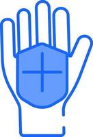 mano con médico proteger icono en azul y blanco color. vector