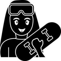 Young Girl Holding Skateboard Icon In Black and White Color. vector