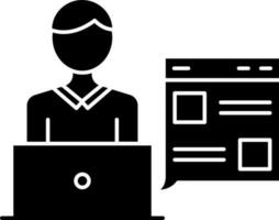 User Working On Laptop Icon In Black and White Color. vector