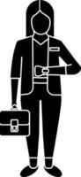 Business Woman Holding Briefcase Icon In Black and White Color. vector