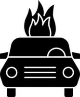 Burning Car Icon In Black and White Color. vector