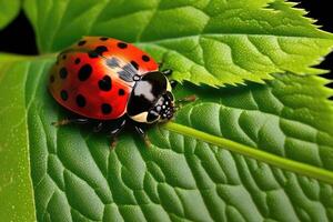 ai generado mariquita en un hoja. el brillante rojo y negro polca puntos de el mariquita contraste hermosamente en contra el verde hoja antecedentes. foto