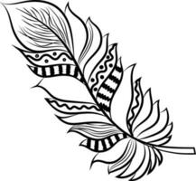 Boho style feather in black line art. vector