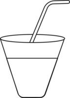 Flat style glass with straw in black line art illustration. vector