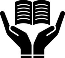 Hand holding open book glyph icon. vector