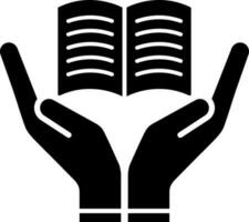 Hand holding open book glyph icon. vector