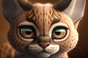3d linda grande ojo gato montés dibujos animados. ai generado foto