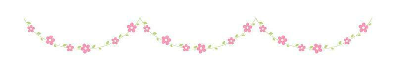 Hanging vines with pink flowers garland vector illustration. Simple minimal floral botanical design elements for spring.