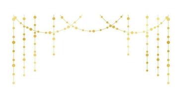 Vector horizontal border of abstract gold string light garlands. Festive decoration with shiny Christmas lights. Glowing bulbs of the different sizes.