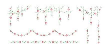 Vines with red flowers hanging vine curtain design, botanical elements vector illustration set