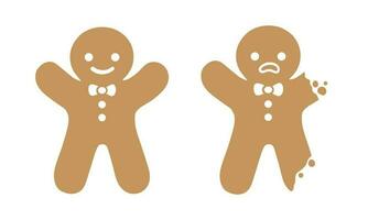 Sad gingerbread man whole and with bite, broken arm and leg. Christmas icon. Vector. Holiday winter symbols flat design. vector