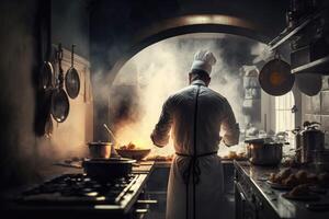 ai generado cocinero preparando comida en el cocina de un restaurante. foto