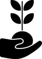 Hand holding plant in flat style. Glyph icon or symbol for save environment concept. vector