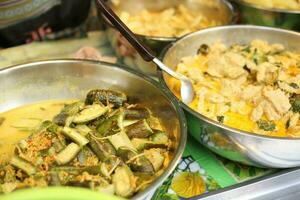 selling thai Green curry with meatballs, eggplant , coconut shoots and bamboo shoots in the market photo