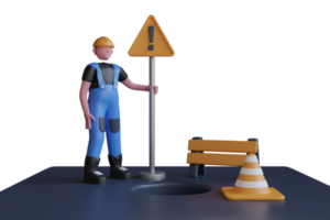 3d Illustration von öffnen Kanal Luke und Orange Plastik der Verkehr Zapfen. unter Konstruktion Barriere und der Verkehr Kegel auf ein Stadt Straße. der Verkehr Zapfen und Mannloch png