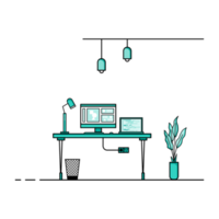 Flat design of working table with computer, desktop, equipment. Working desk with table, chair, book png