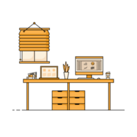 Flat design of working table with computer, desktop, equipment. Working desk with table, chair, book png
