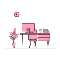 piatto design di Lavorando tavolo con computer, desktop, attrezzatura. Lavorando scrivania con tavolo, sedia, libro png