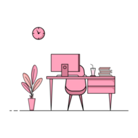 Flat design of working table with computer, desktop, equipment. Working desk with table, chair, book png