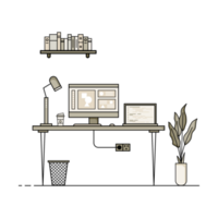 Flat design of working table with computer, desktop, equipment. Working desk with table, chair, book png