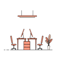 Flat design of working table with computer, desktop, equipment. Working desk with table, chair, book png