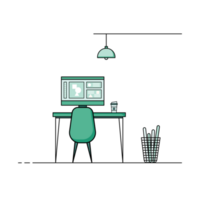 Flat design of working table with computer, desktop, equipment. Working desk with table, chair, book png