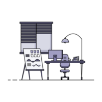 Flat design of working table with computer, desktop, equipment. Working desk with table, chair, book png