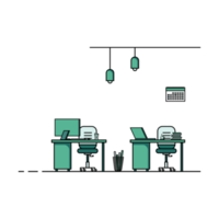 Flat design of working table with computer, desktop, equipment. Working desk with table, chair, book png