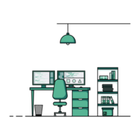 Flat design of working table with computer, desktop, equipment. Working desk with table, chair, book png