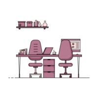 Flat design of working table with computer, desktop, equipment. Working desk with table, chair, book png