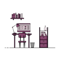 Flat design of working table with computer, desktop, equipment. Working desk with table, chair, book png