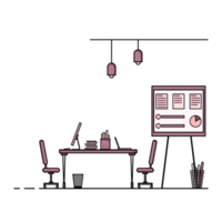 Flat design of working table with computer, desktop, equipment. Working desk with table, chair, book png
