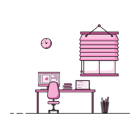 Flat design of working table with computer, desktop, equipment. Working desk with table, chair, book png
