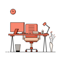 Flat design of working table with computer, desktop, equipment. Working desk with table, chair, book png